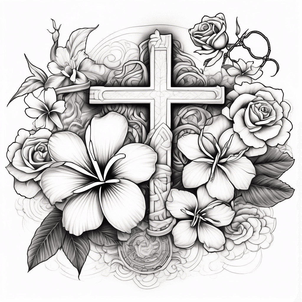 frangipani surrounding a cross and roses