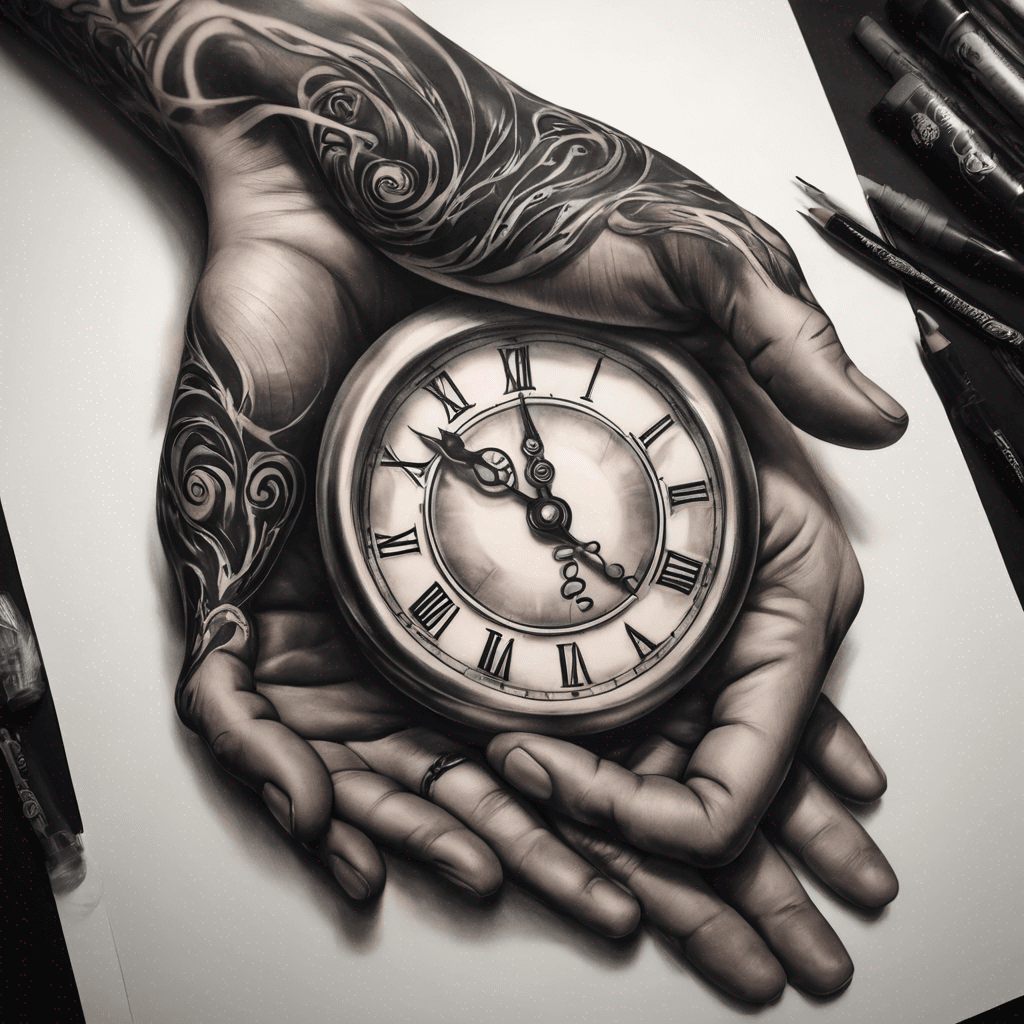 tattoo of a two hands grabbing a KORU clock