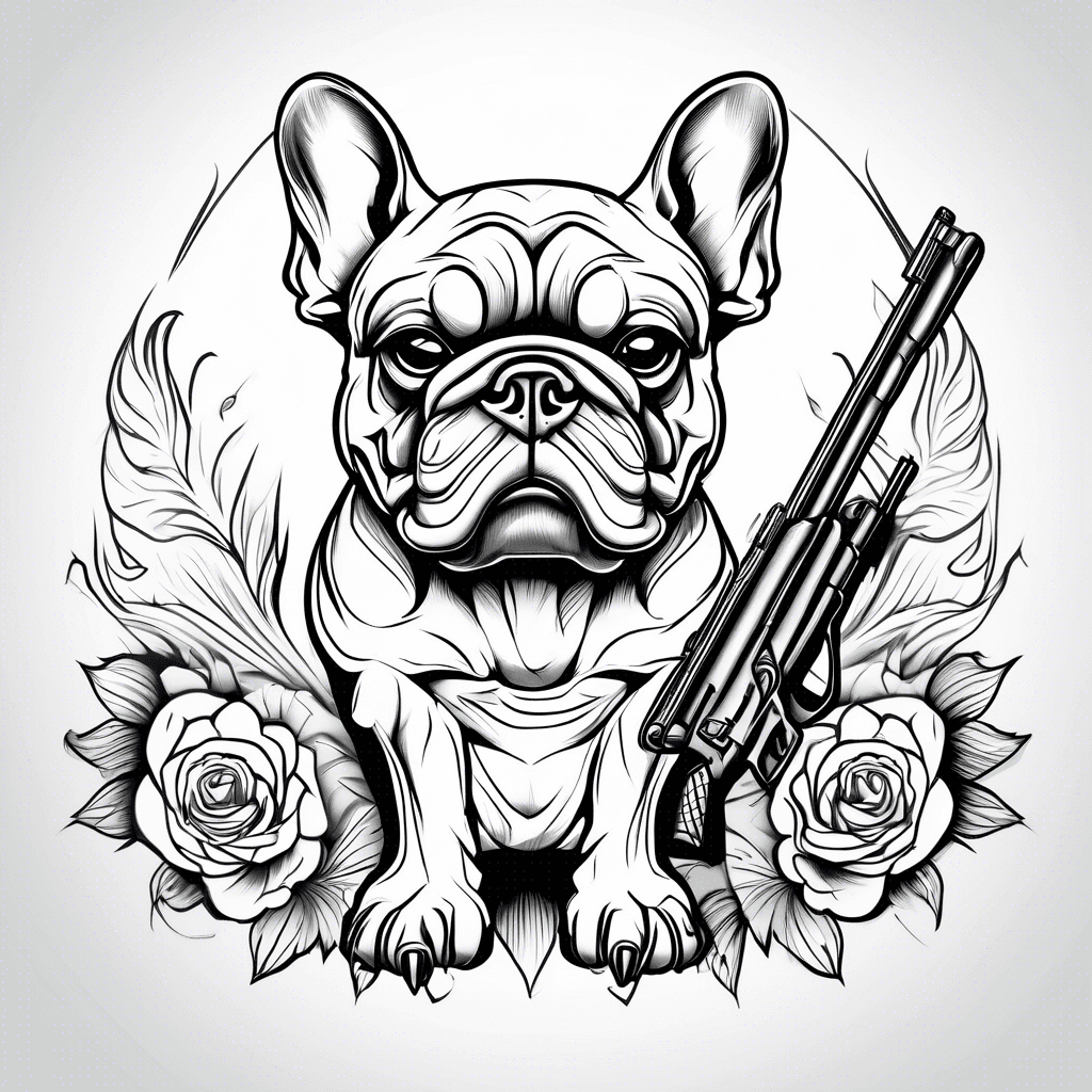Bulldog with a guy standing behind it holding a shotgun
