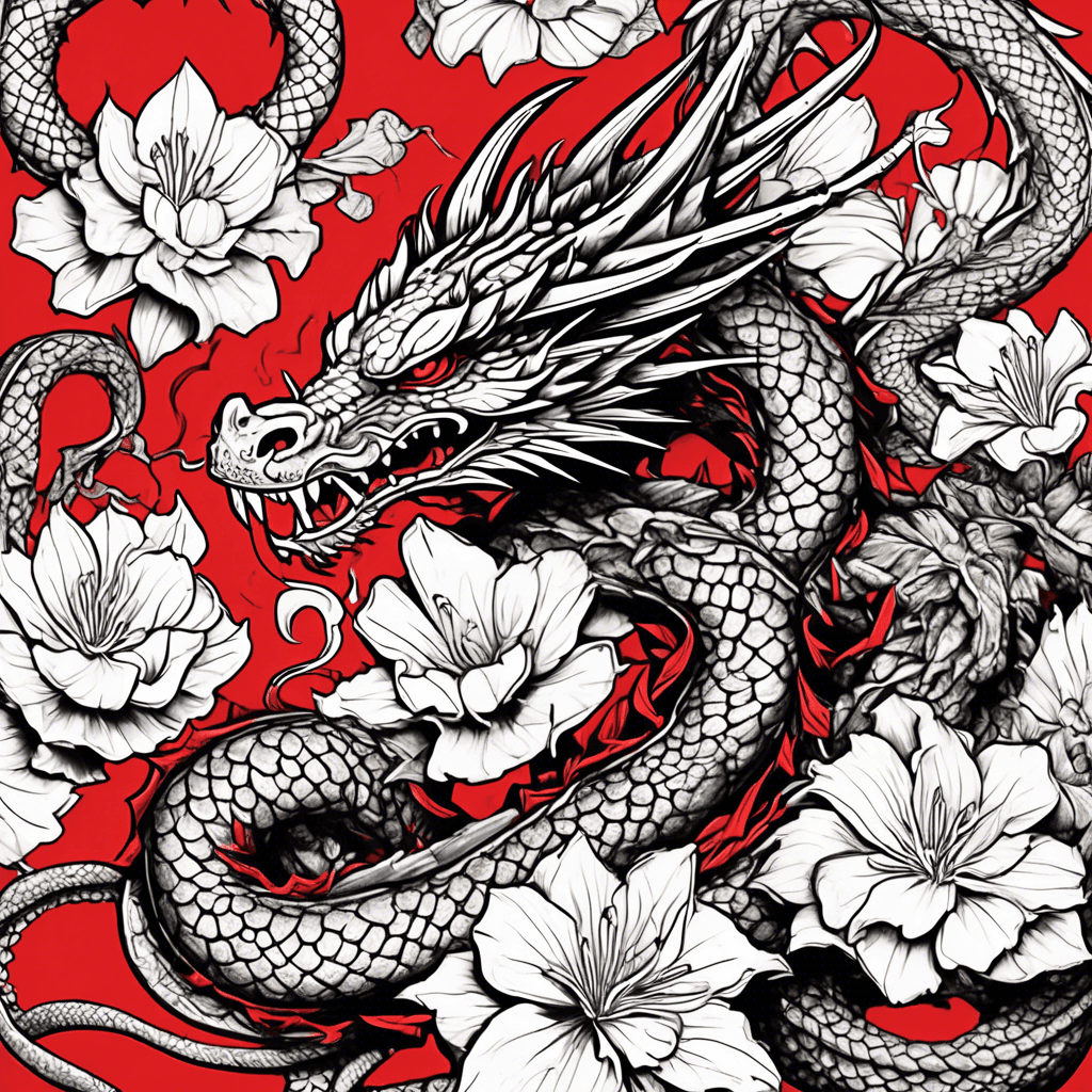 Polk art. Dragon with wings fighting with a snake. Flower. Black and red