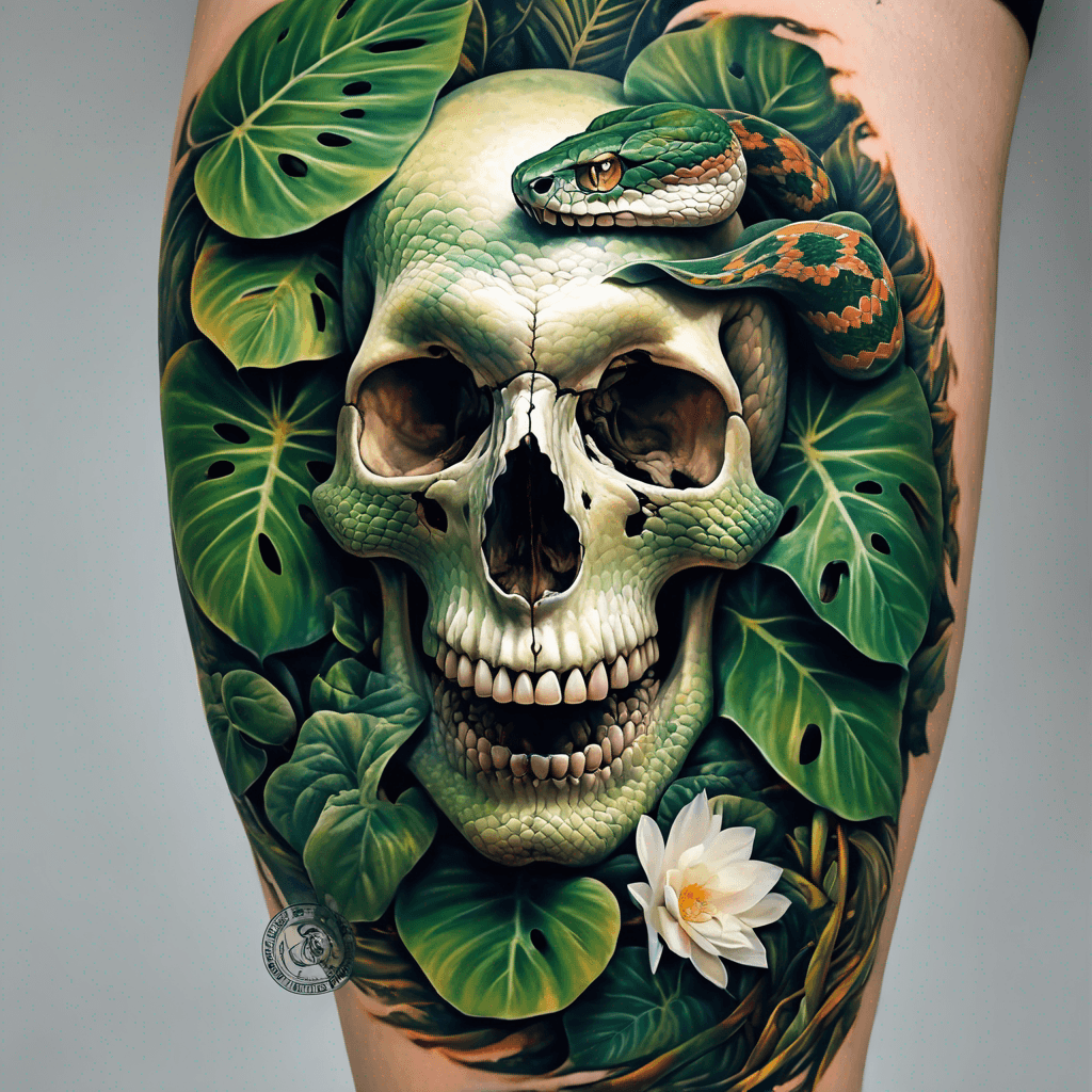 A snake wrapping around the sideview of a human skull covered in huge monstera plant leaves and white lotus flowers