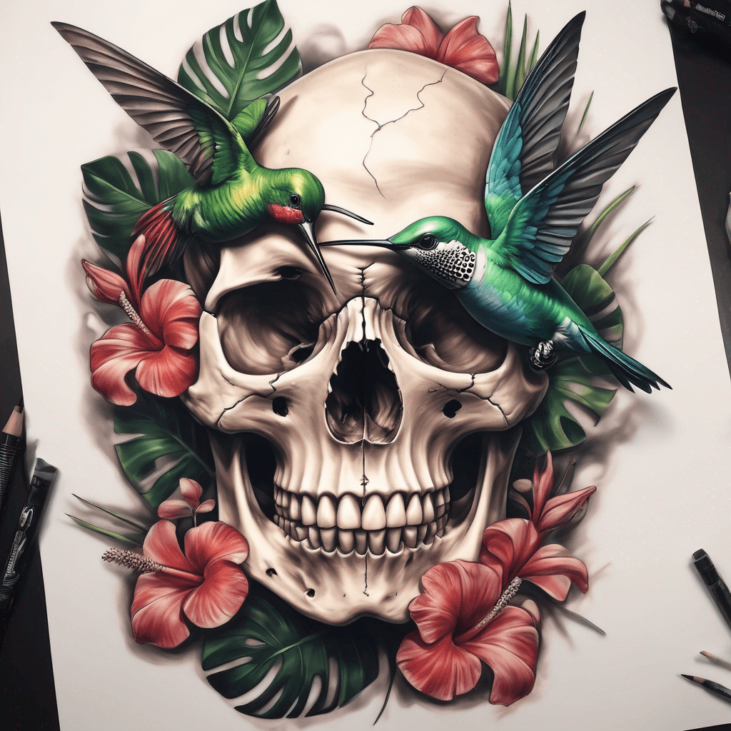 Human skull with monstera leaves and a humming bird feeding on some flowers.