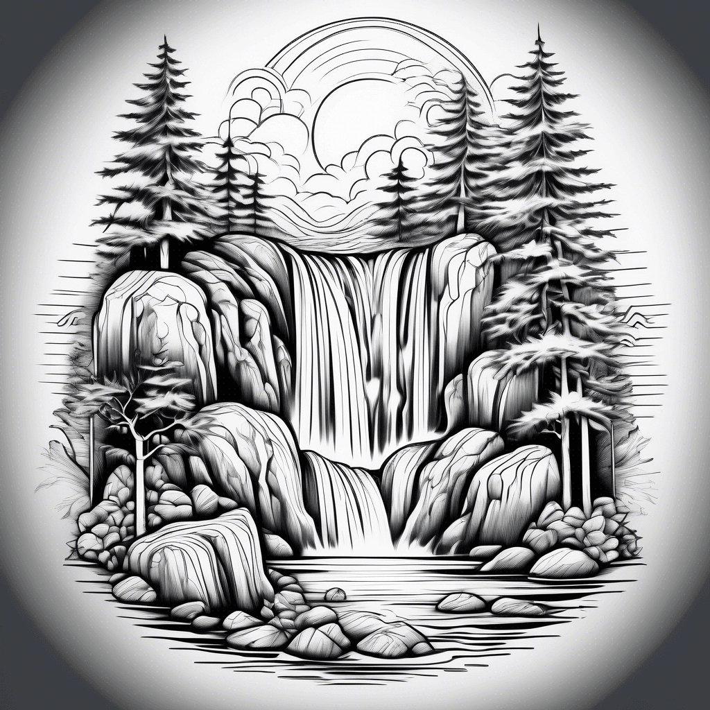 Cascading waterfall with trees, rocks, and sun sleeve tattoo