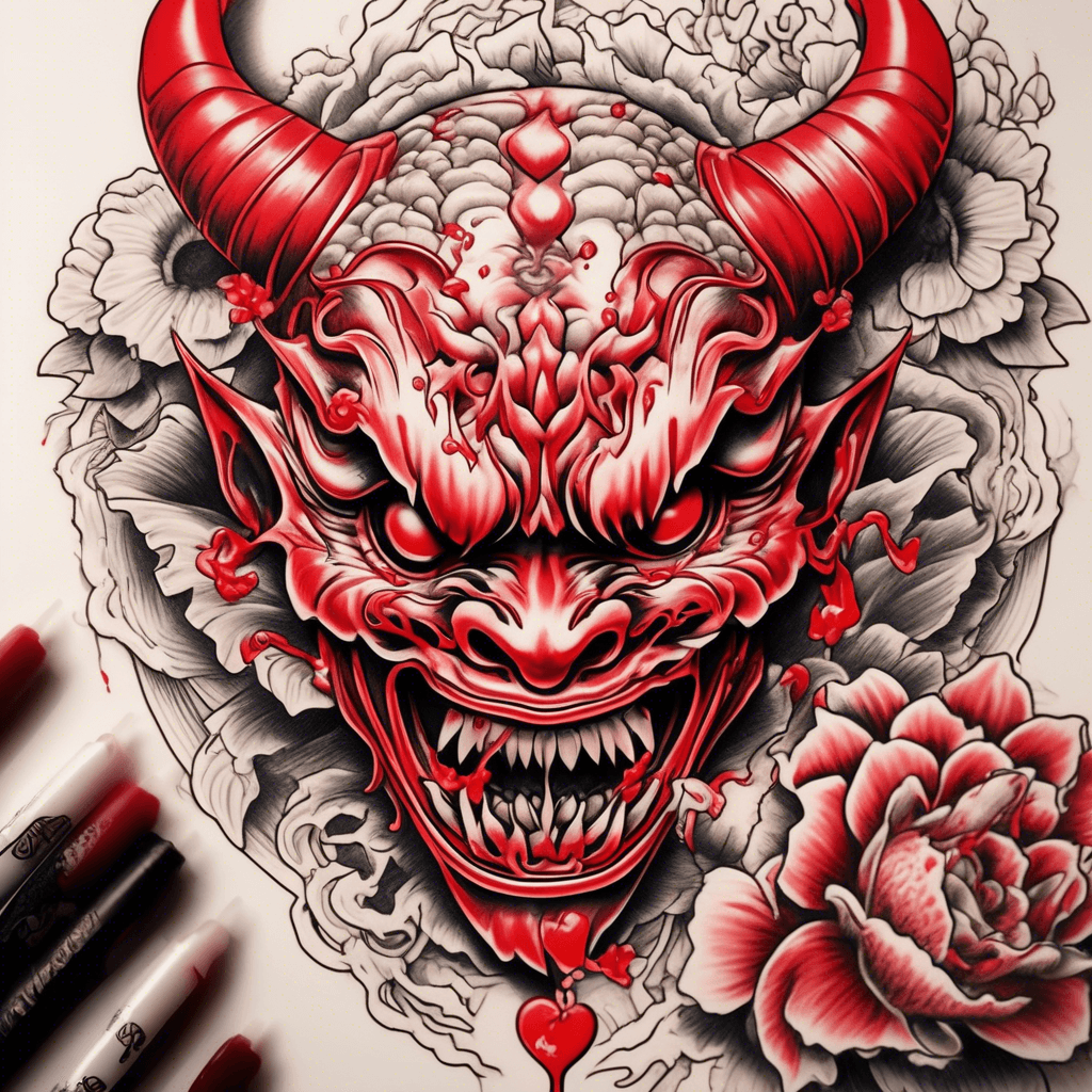 A fierce red oni-mask cradling a bleeding heart between its jaws, with a delicate rosary cascading down, symbolizing love and struggle.