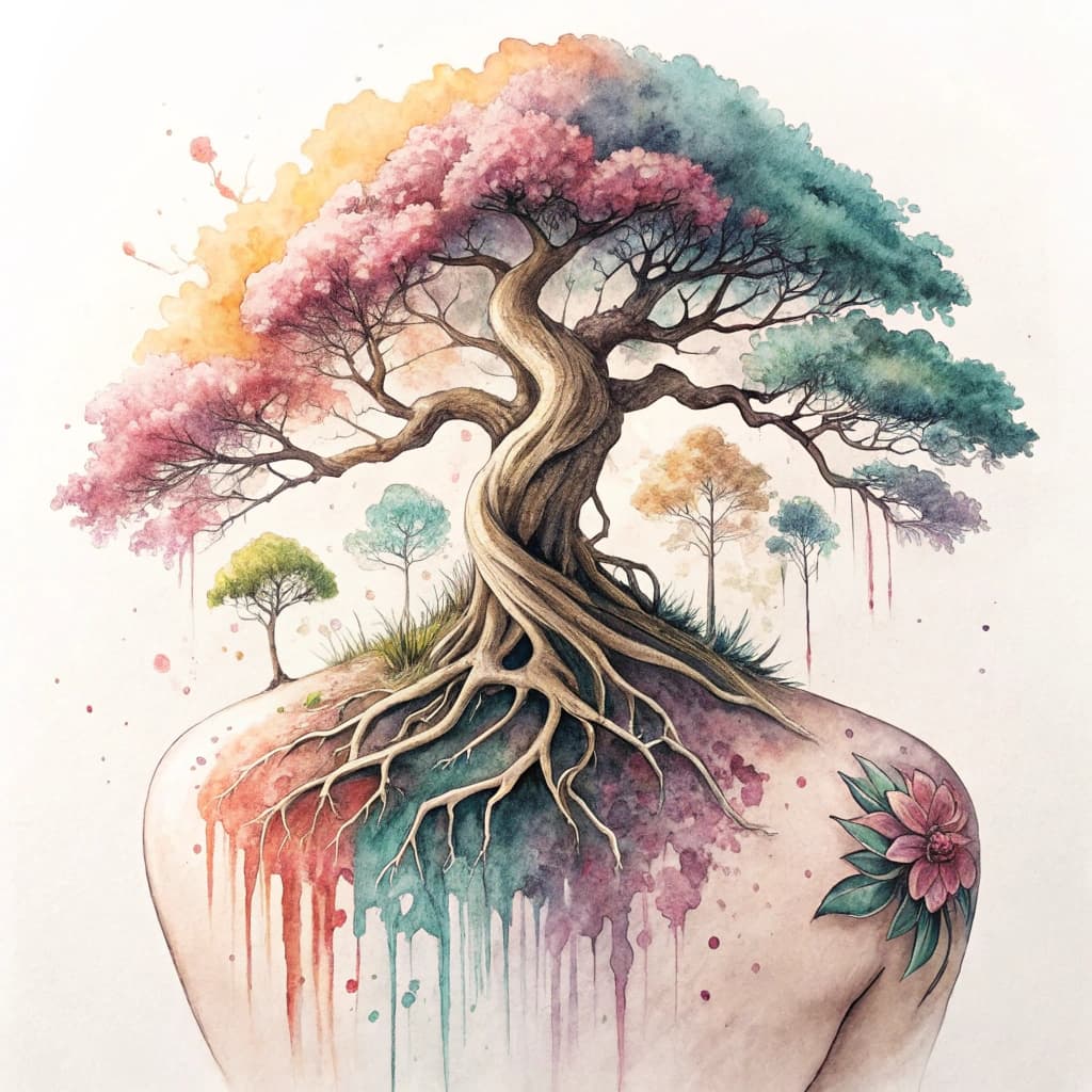 Symbolic representation of growth through a tree bonsai with roots and branches.