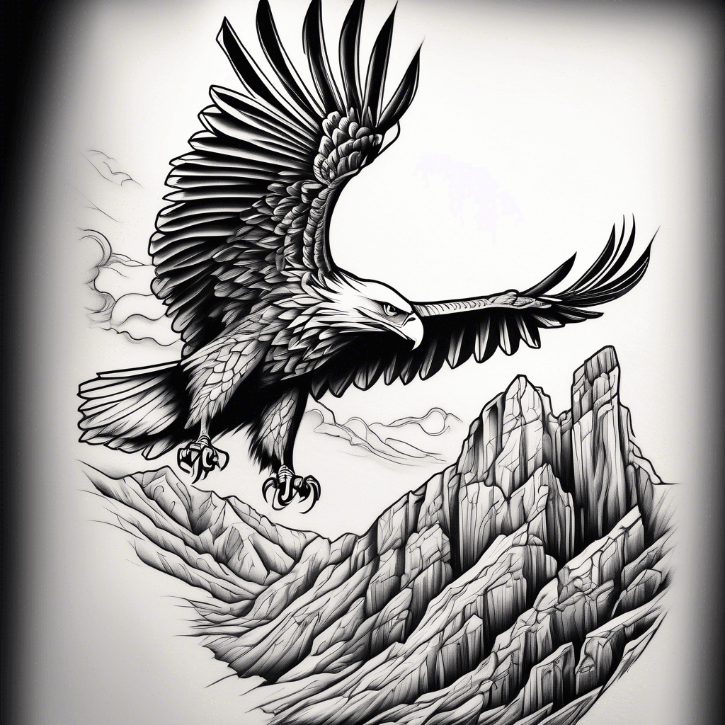 Lone eagle soaring above a cliff, broken chain below, clean lines, high contrast, black and white, for forearm, no clutter, symbolizes strength, solitude, freedom.