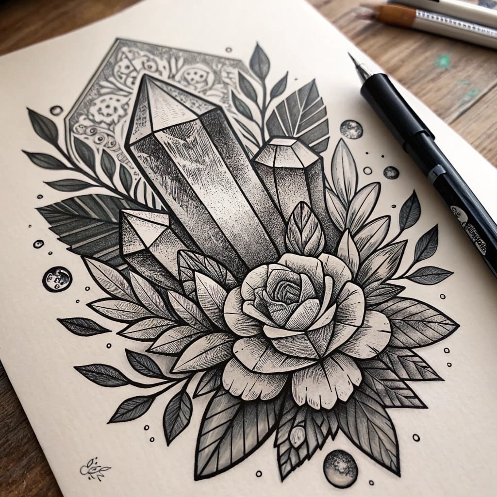 A crystal cluster design with intricate detail and shading.