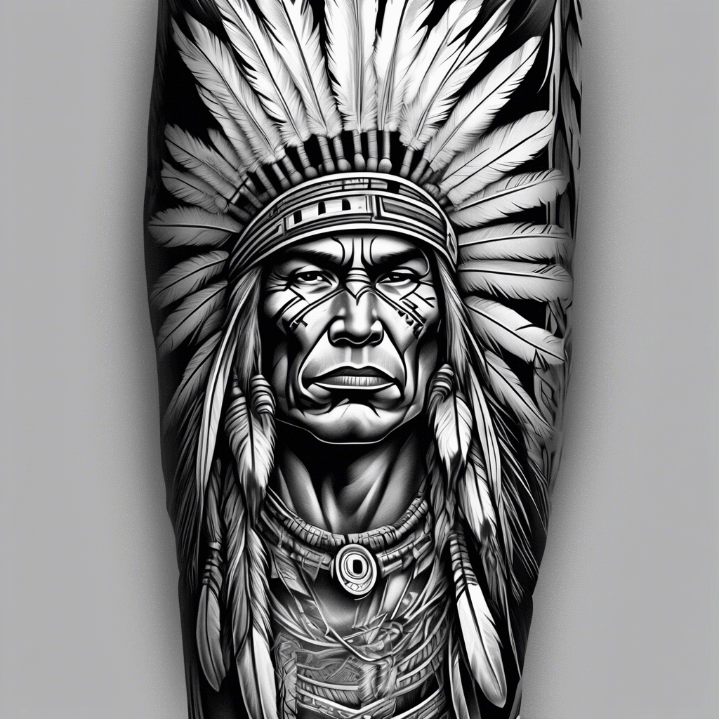 A men’s black tattoo sleeve including a Hawk, Native American chief and Mountains