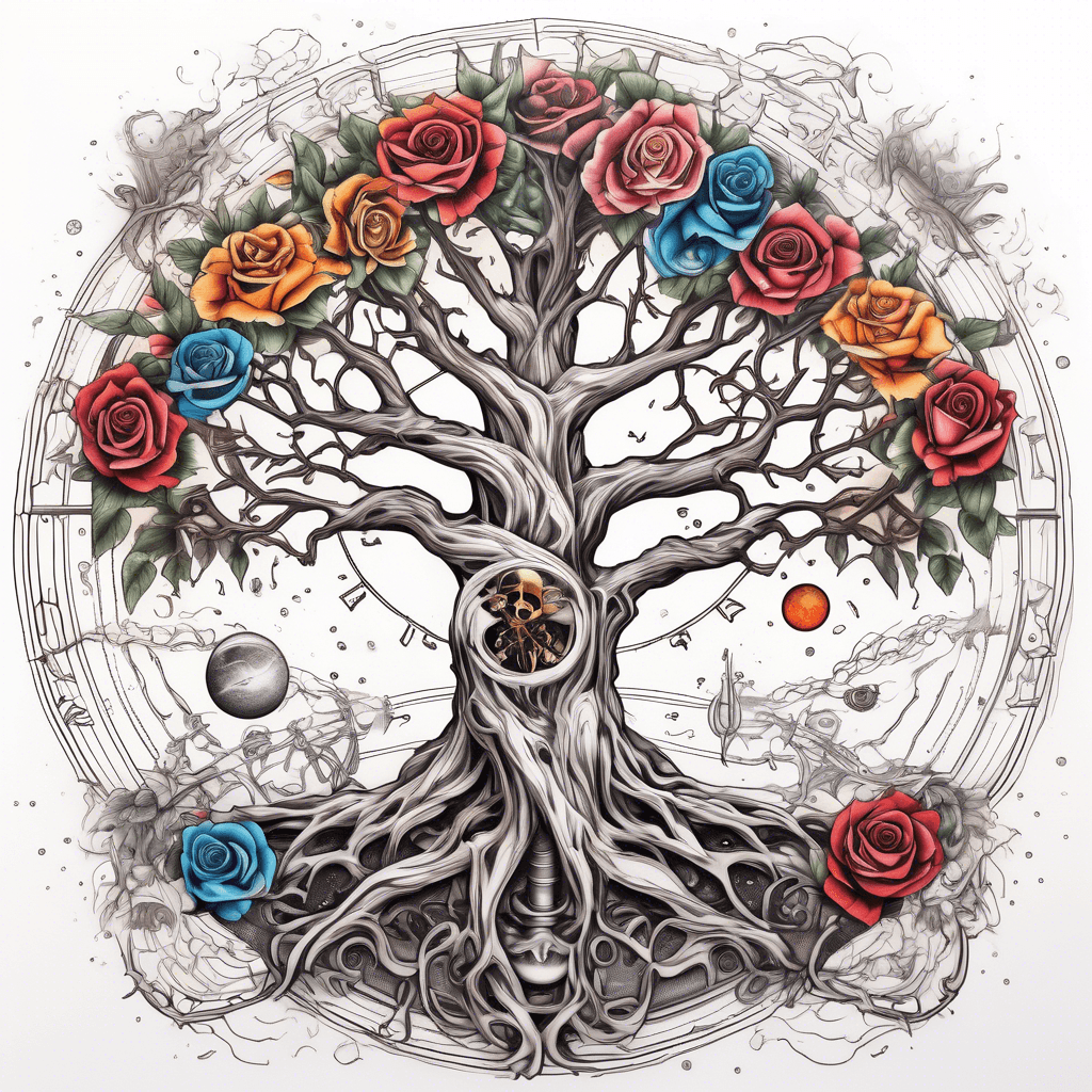 tree of life and death solar system revolving around the tree floating in space