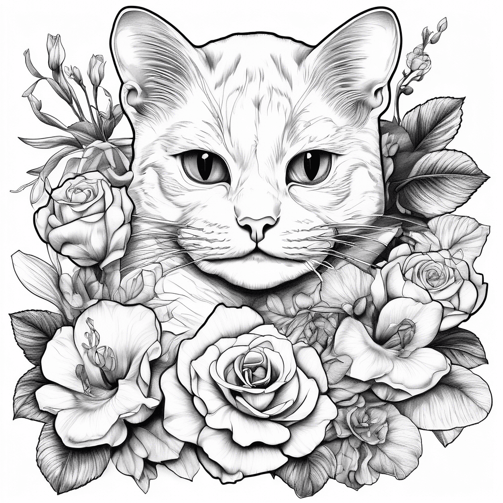 Cat and frog with roses and orchids