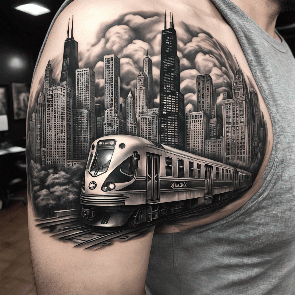 Chicago tattoo with the El train and several of the Chicago… tattoo design generated with AI