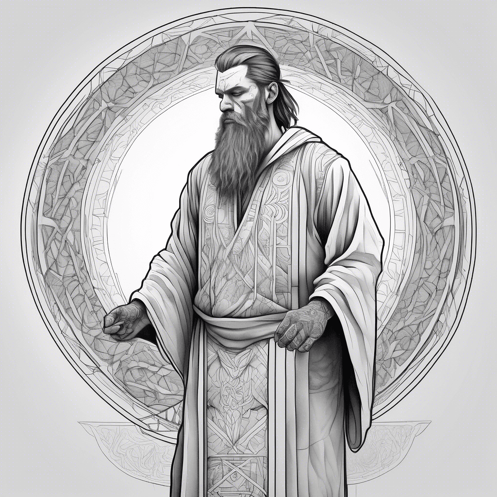 ful body shot of a druid in a robe painting a geometric pattern onto a wall
