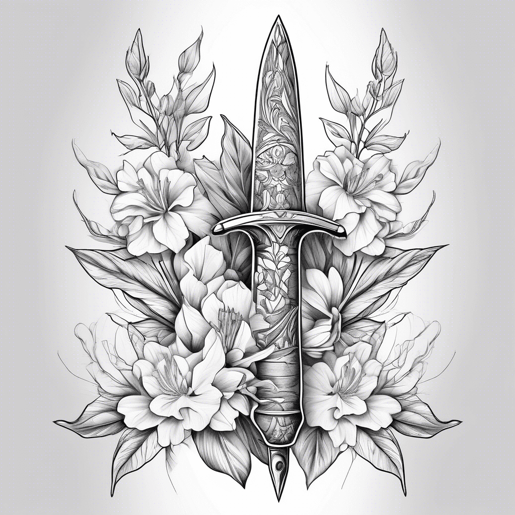 A dagger with a leaf pattern handle and surrounded by azaleas