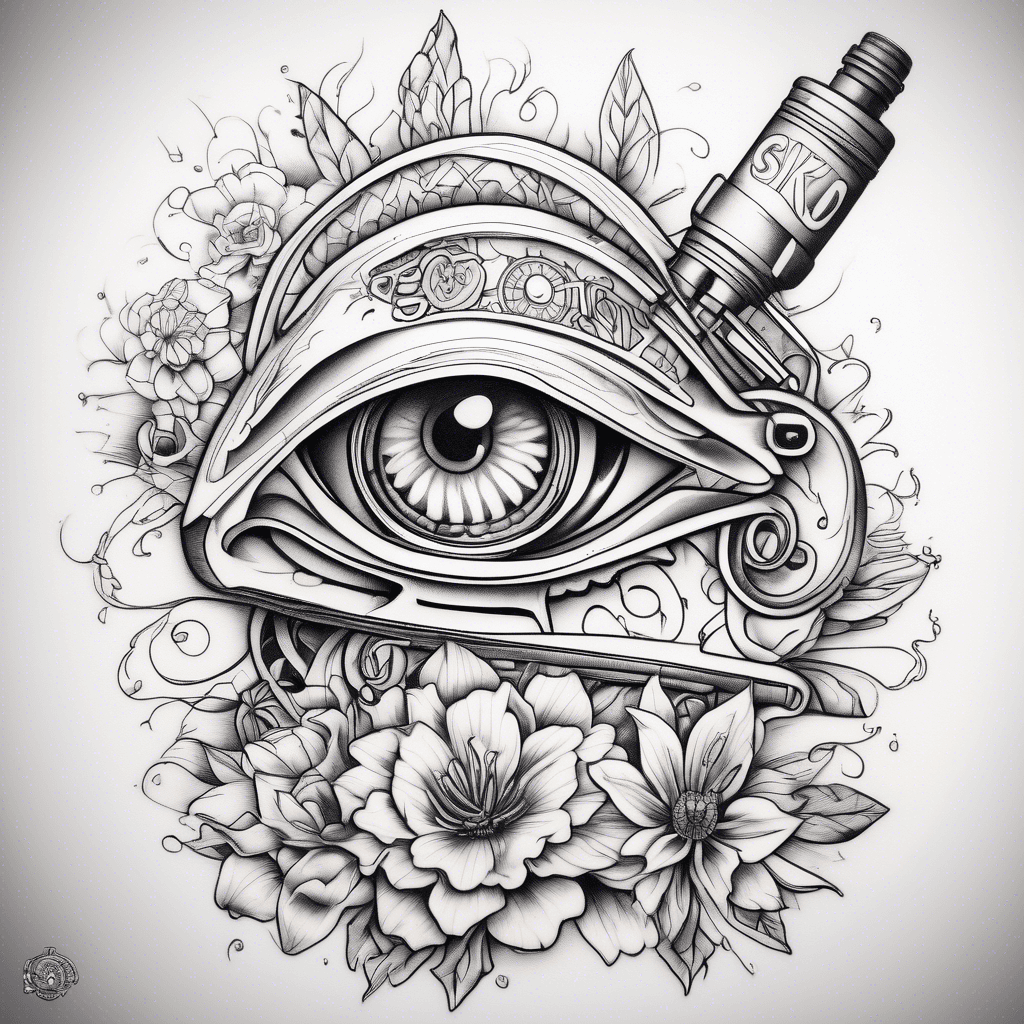 Tattoo machine, eye, flowers, mandala design, and the word skinky est.1999