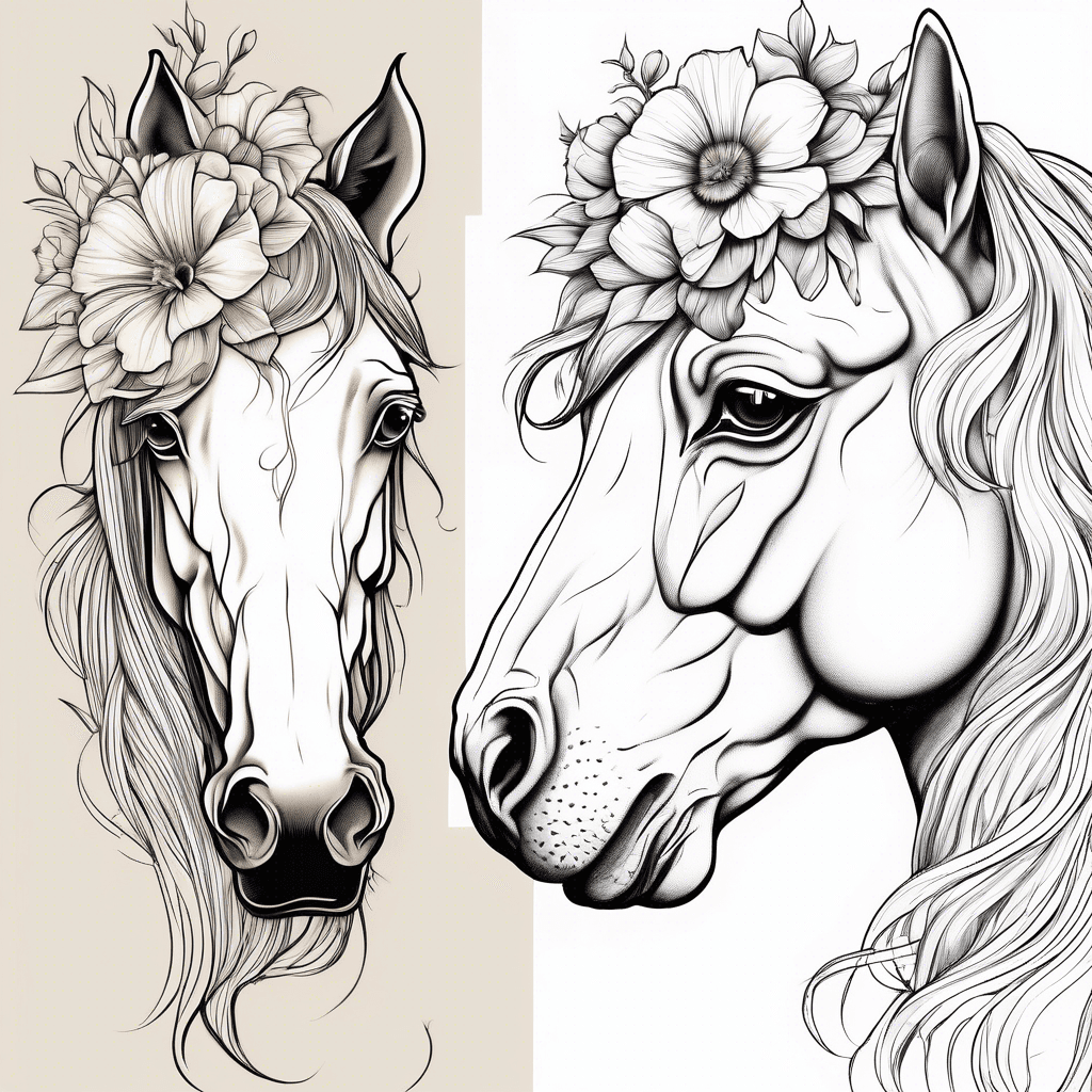 fineline, sideprofile, horsehead with flower as back head looking down to a havanese dog, wo's looking up to the horse, both cute and sideprofile