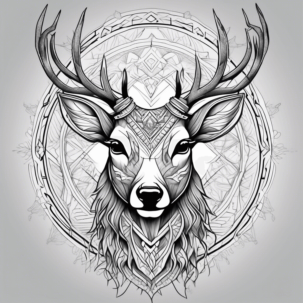 deer head with detailed fur, a mandala design beneath it, and some geometric patterns above it tattoo