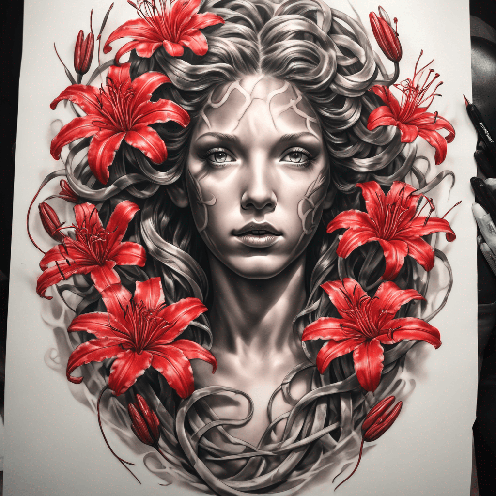 Medusa surround by red spider lilies