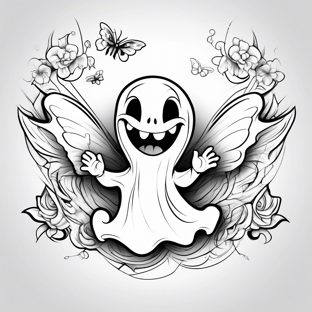 Create a tattoo of a happy cartoon ghost holding a butterfly in its hand