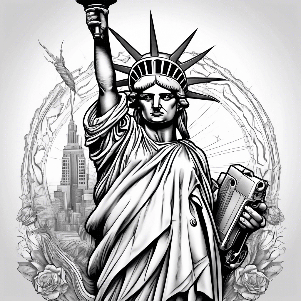 statue of liberty holding a machine gun