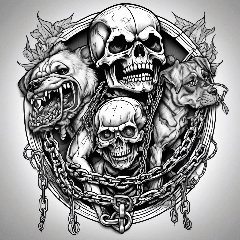 Evil skeleton holding Rottweiler on chain leash