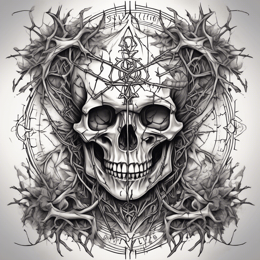 Scattered around this central design on the upper back between shoulder blades are smaller motifs - stylized thorns wrapped around bare branches, broken chains dangling from skeletal hands, and cryptic symbols that resemble ancient runes. These elements evoke feelings of pain, captivity, and mystery.