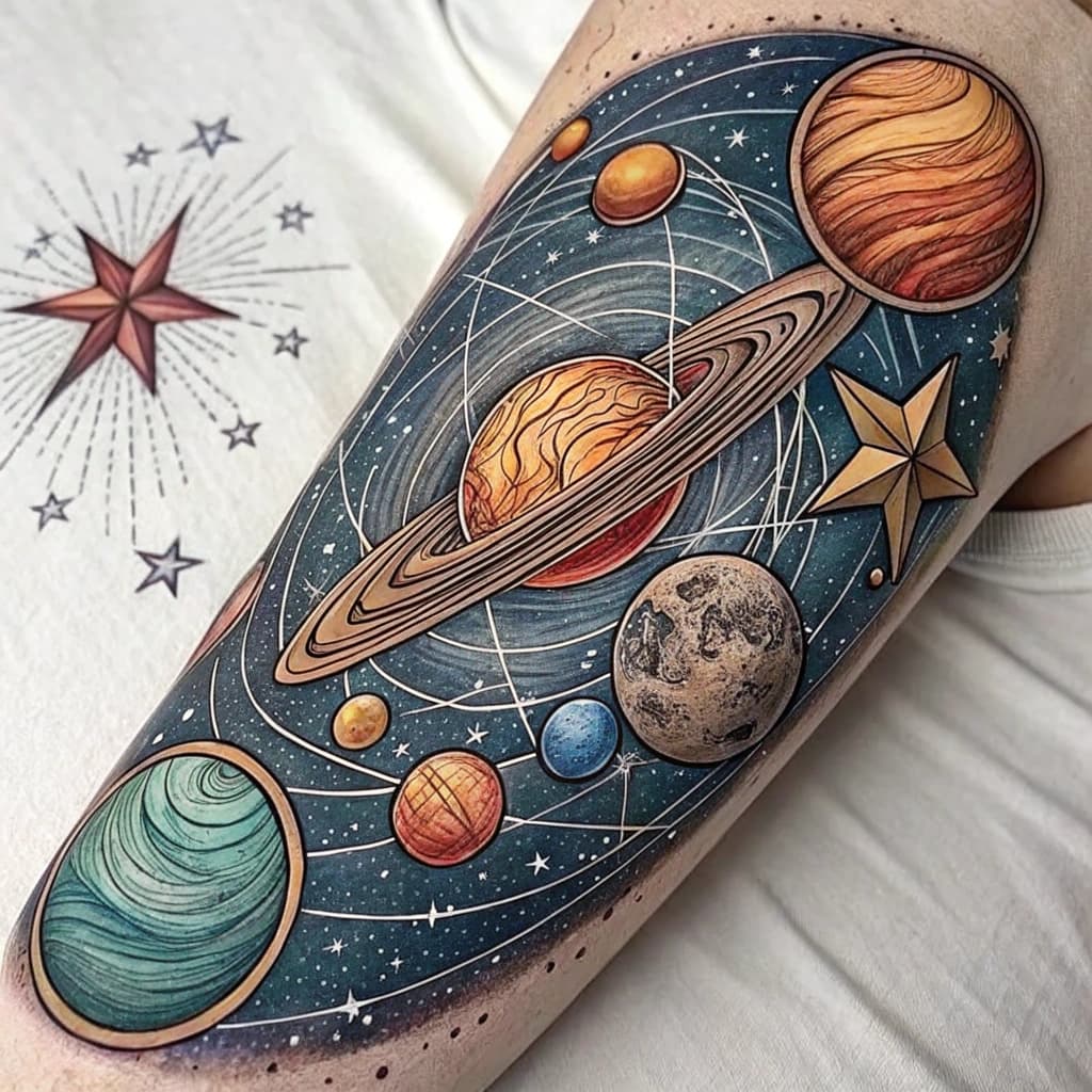 Line art of a celestial scene with stars and planets.