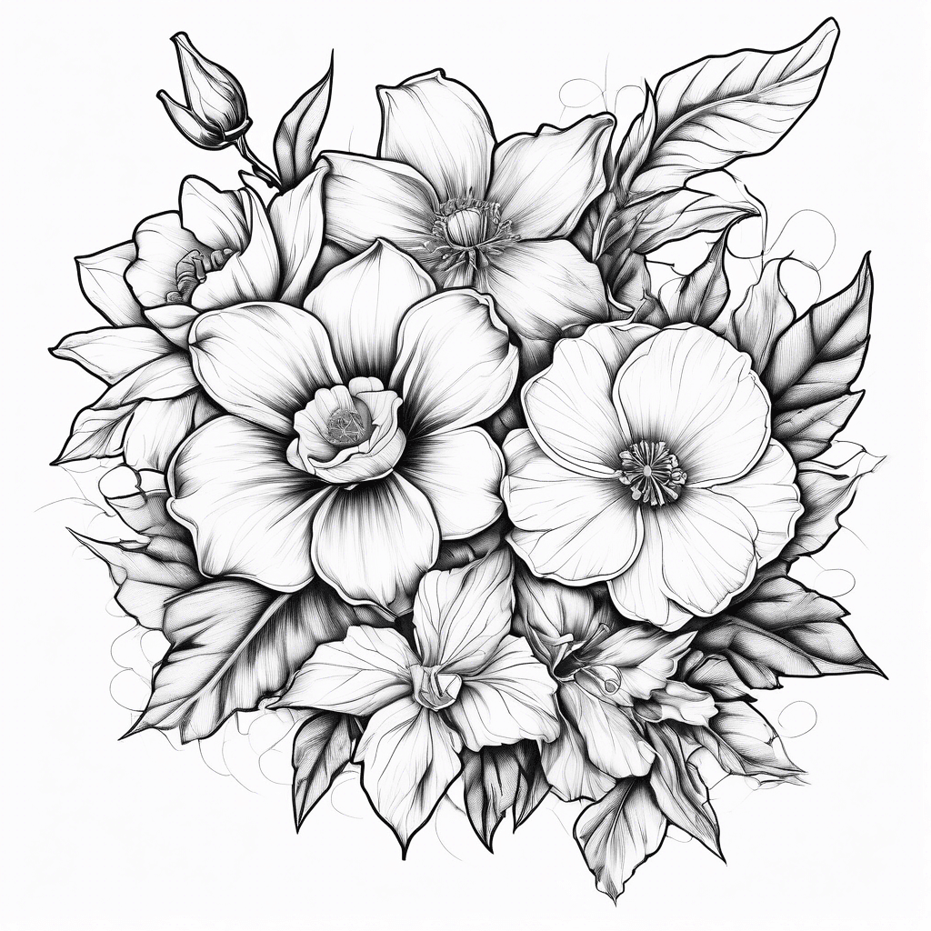 A flower bouquet of a rose a daffodil a poppy and holly flower fine line tattoo