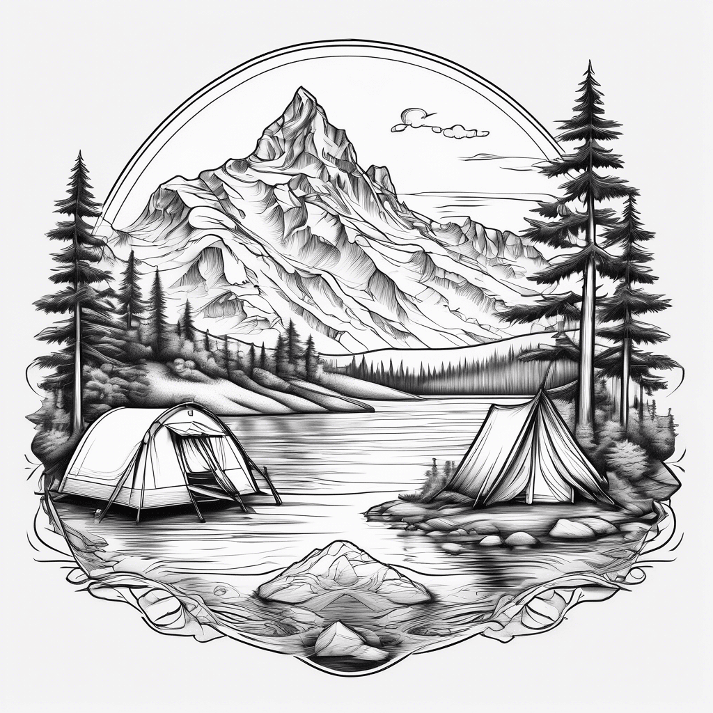 A small camp, with a switzerland flag at a lake.