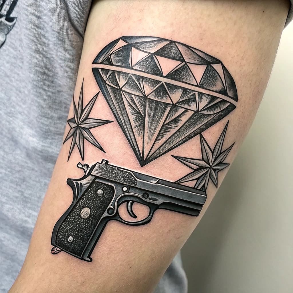 A diamond with intricate facets intertwined with a sleek, modern gun, focusing on symmetry and balance.