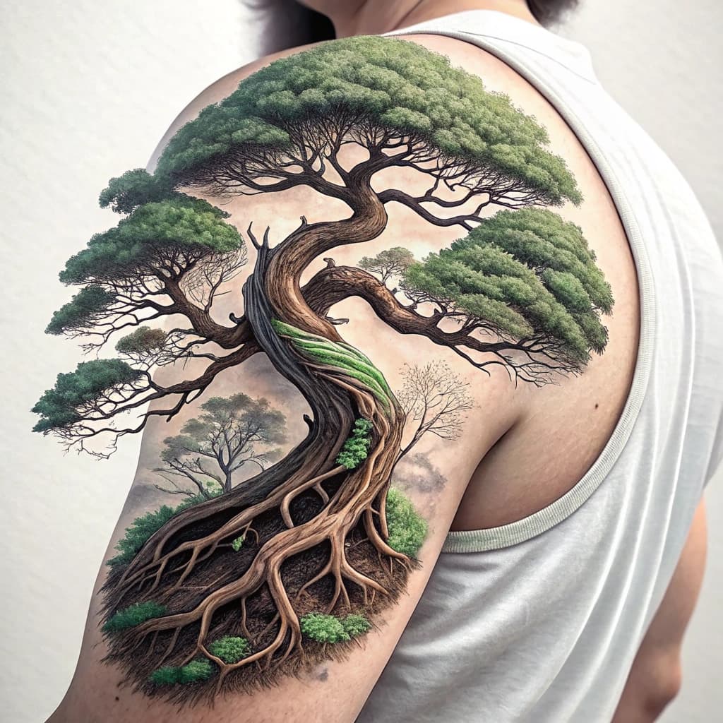 Symbolic representation of growth through a tree bonsai with roots and branches.