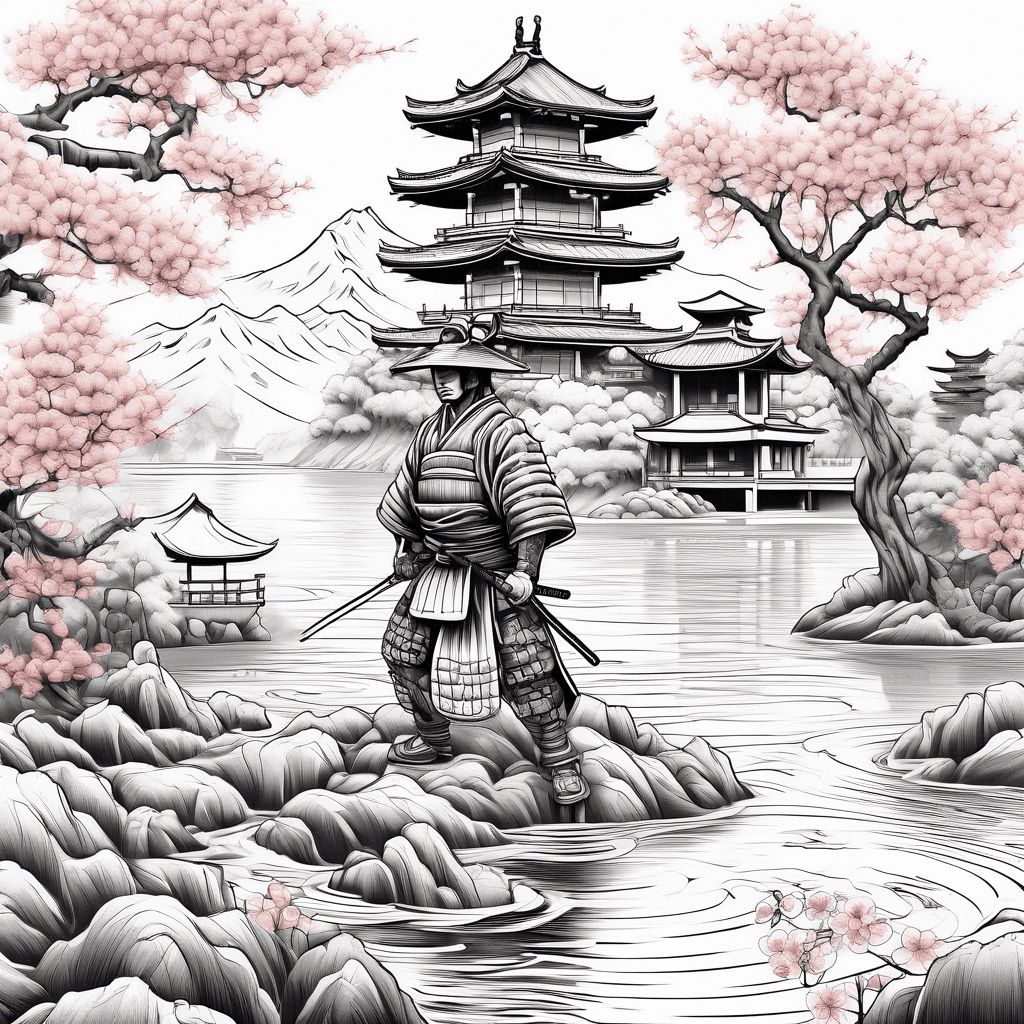 samurai near termal water with blossom trees and japanese building
