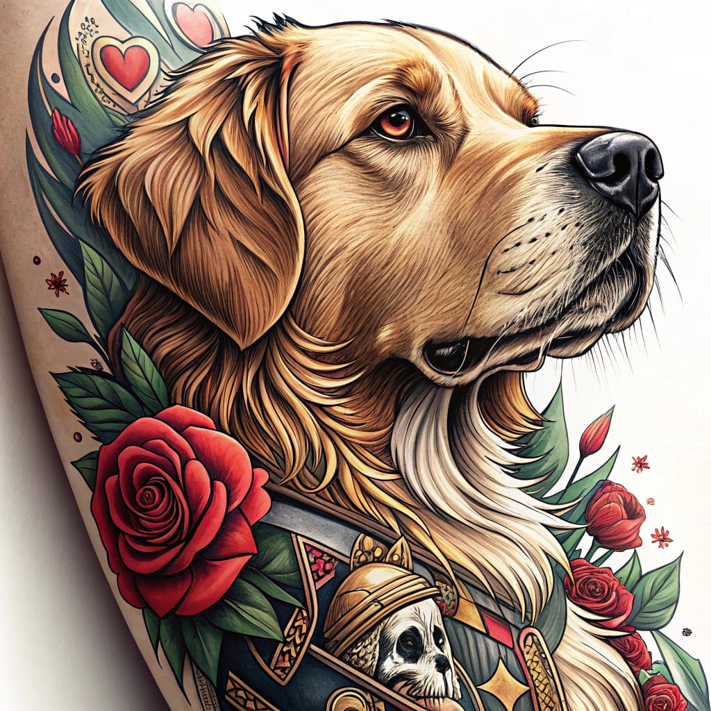 "Craft a tattoo of a wise and dignified Golden Retriever dog"