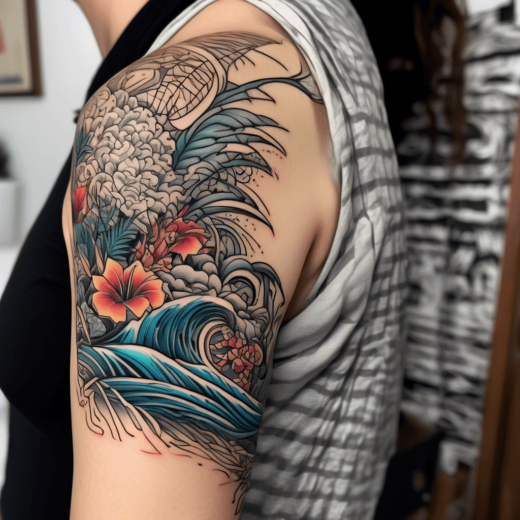 Shoulder to elbow tattoo featuring vibrant ocean waves, soft beach sand, lush monstera leaves, colorful flowers, and intricate geometric patterns.