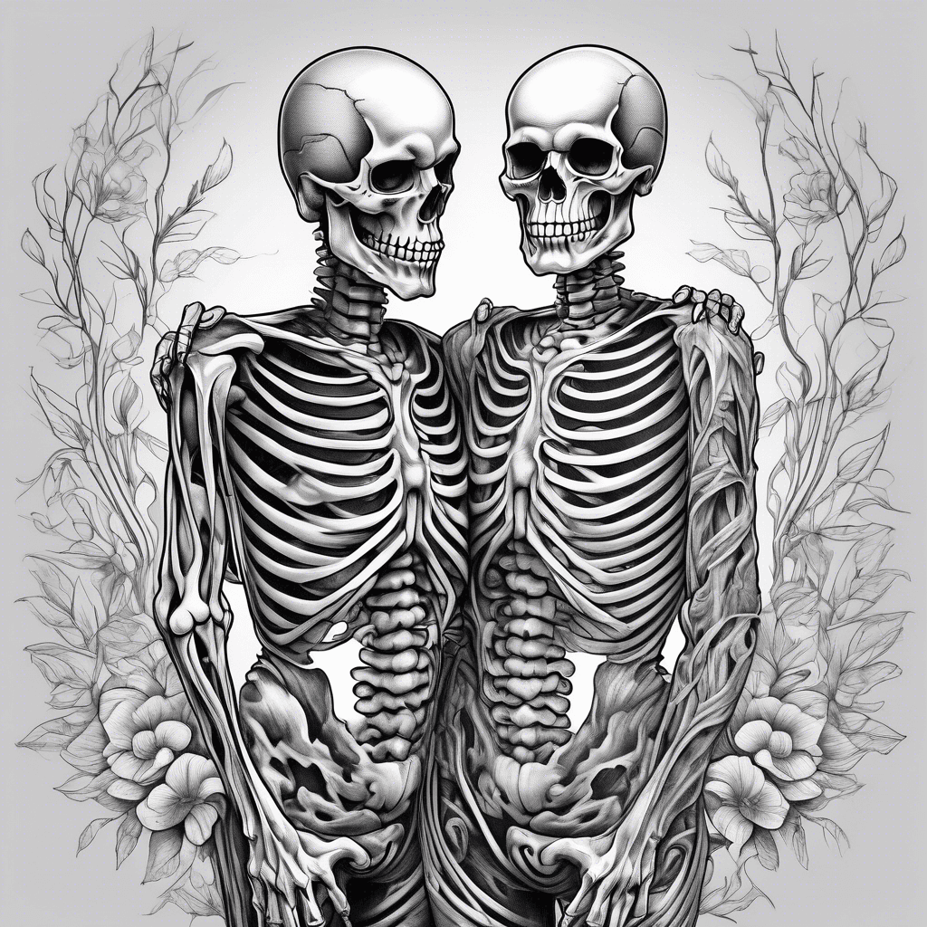 Skeleton man and not a skeleton women holding each other