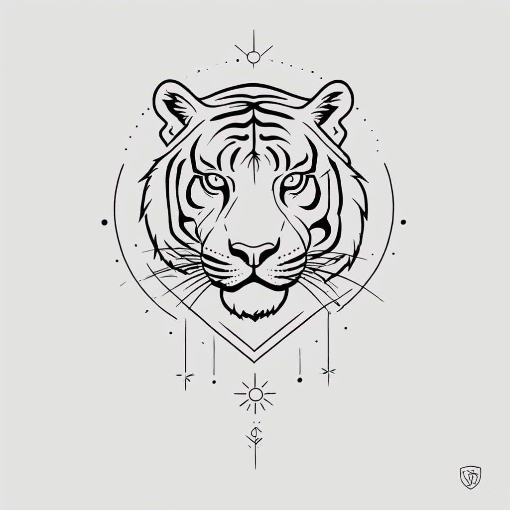 Tiger walking forwards. Slight frown on face, with intense eyes staring. Gently shaded. With sparkles and two sun like art pieces surrounding the tiger