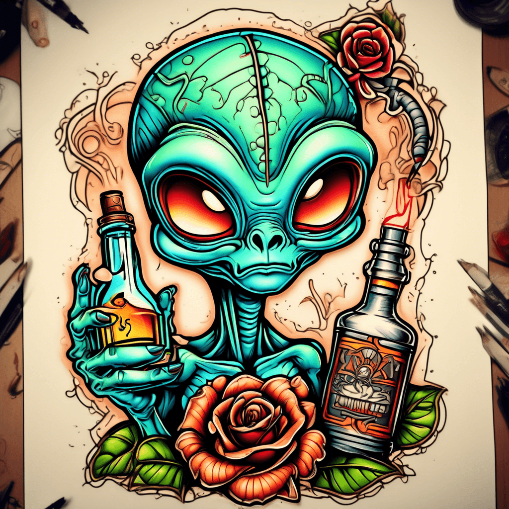Alien with cigar and bottle of tequila cartoon