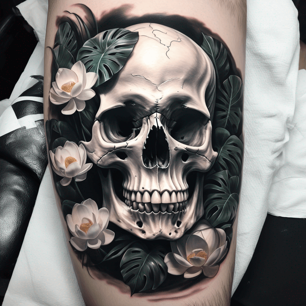 Sideview of a dark human Skull covered with big leaves of the monstera plant and white lotus. The plants are a heavy contrast to the skull