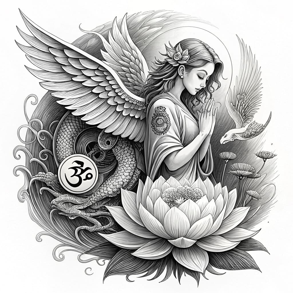 A delicate lotus intertwined with a wholeness symbol, cradling an ethereal angel with expressive wings and a serene, beautiful face.