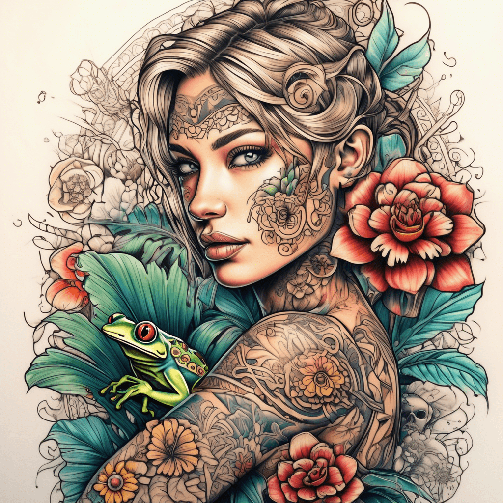 half sleeve arm tattoo with mandala designs, ocean, beach, monstera plants, more plants, flowers and a small coqui frog
