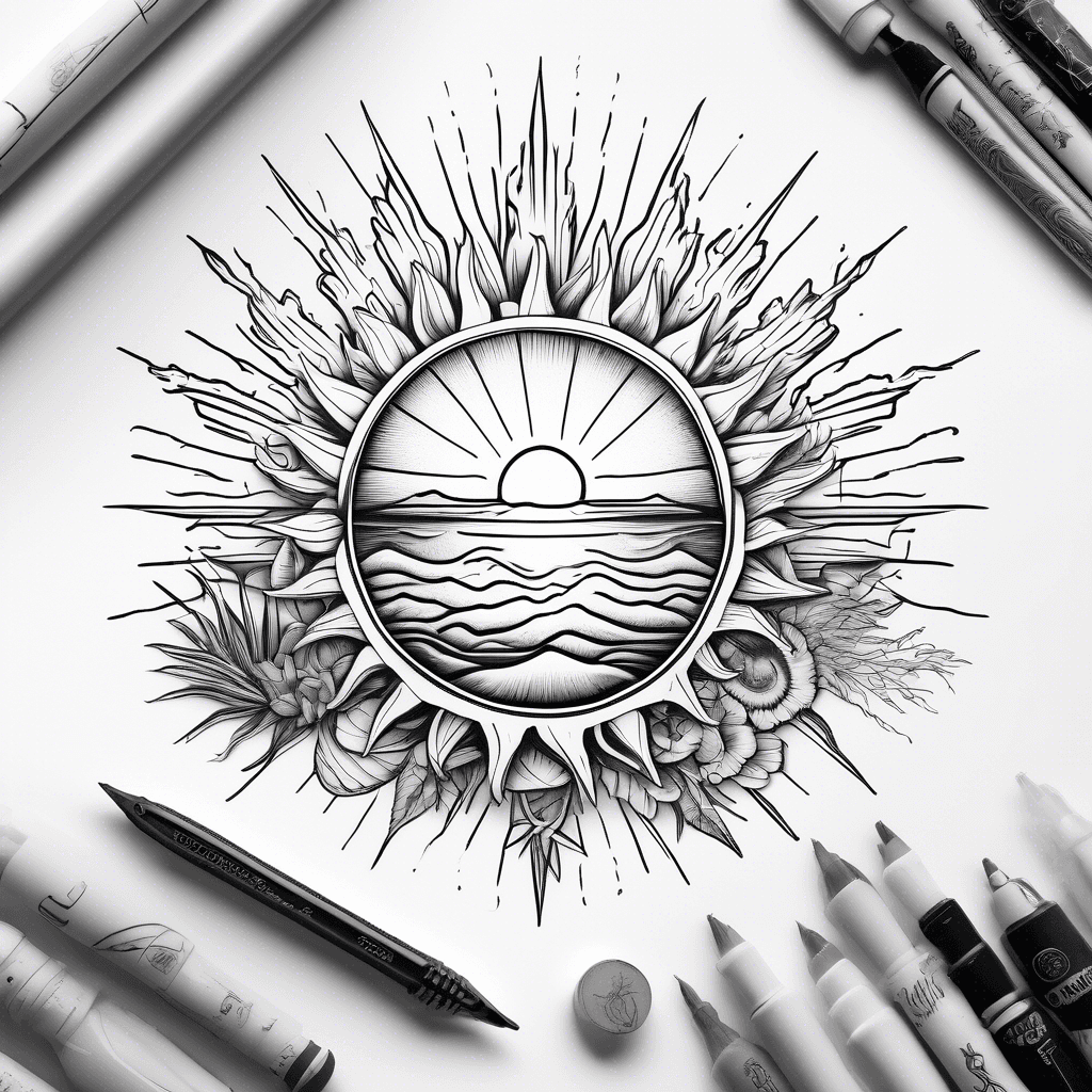 a sun made with a beach landscape and things that are seen or used on the beach