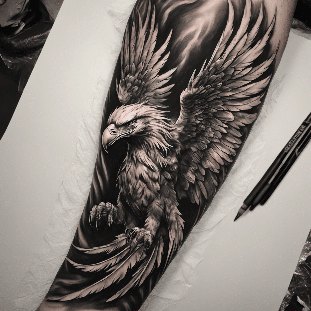 make a large tattoo for my arm sleeve, in this order: fenix with open wings grabbing a sneak with his claws