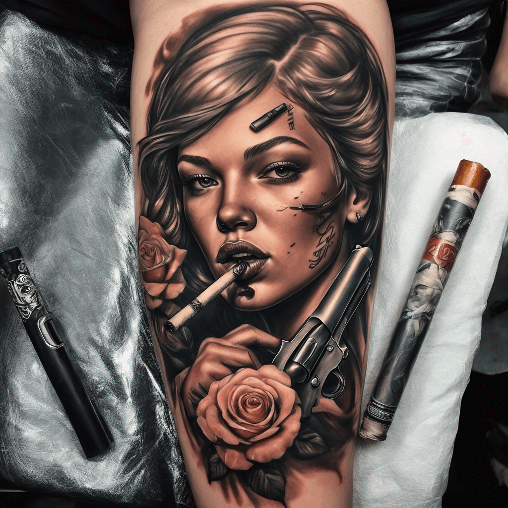 a women holding a gun, with a cigarette in her mouth and with roses around