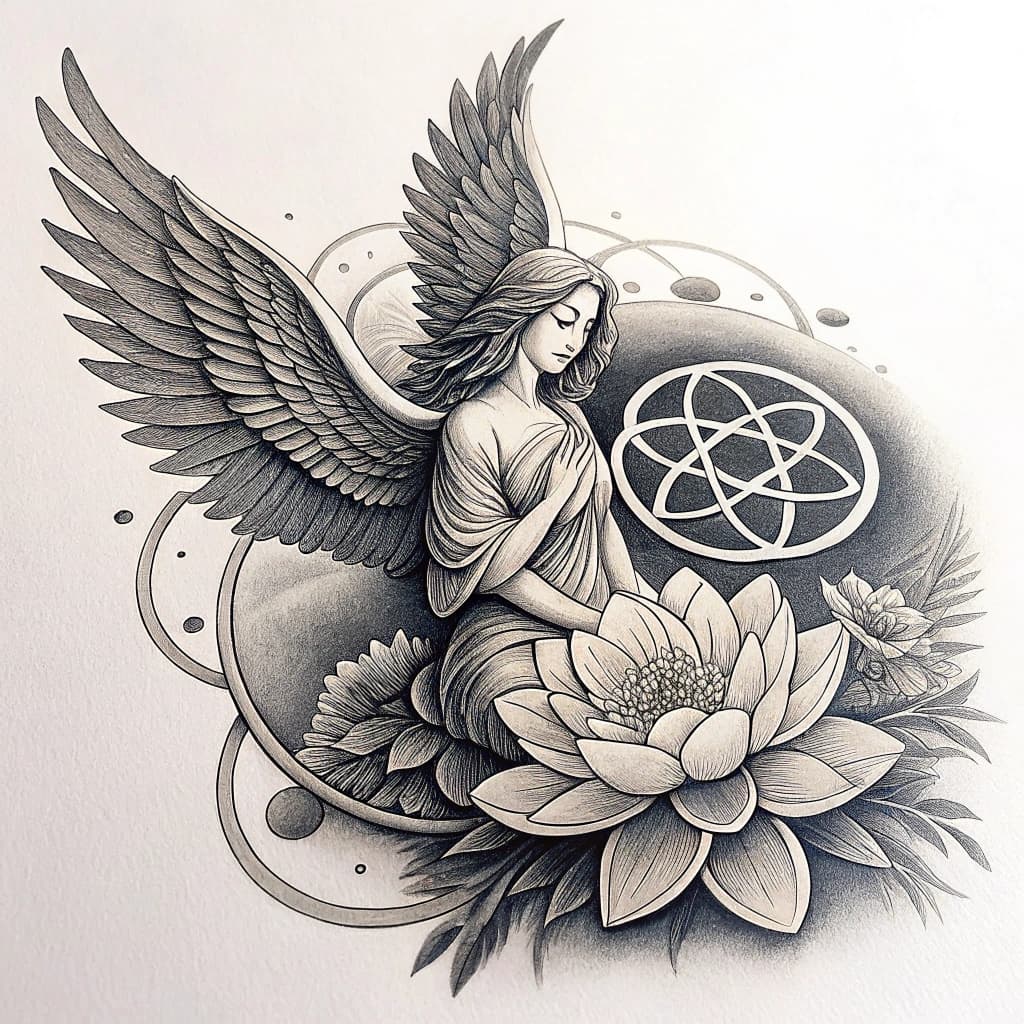 Delicate lotus and wholeness circle intertwined, ethereal angel with expressive wings, serene face.