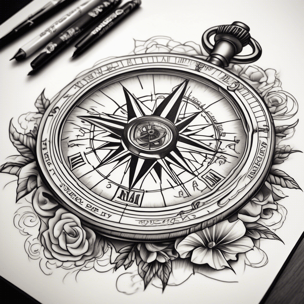 Atlas background, compass in the foreground with pocket watch, ship's wheel, and a deep quote, no flowers