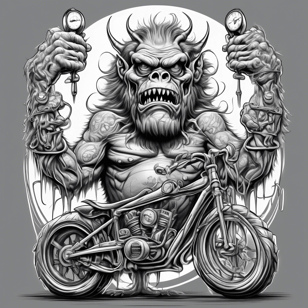 Front-facing monster in Big Daddy Roth style, one hand on ape hanger bars, other giving peace sign. Hot babe with trophy on bike's back.