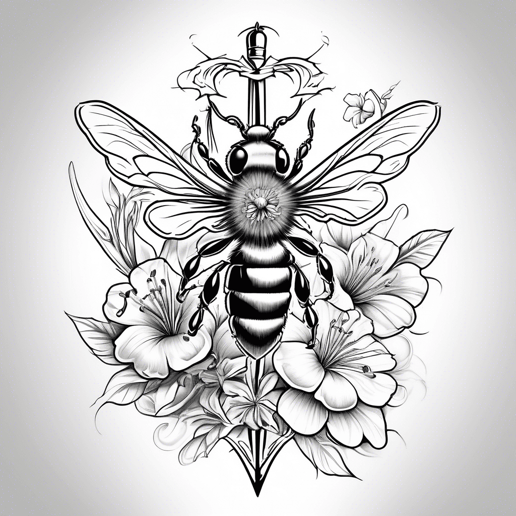 A spine tattoo with a bee, lily flower, sword and shield and a 4 leaf clover