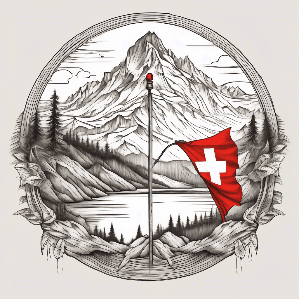 A vivid Swiss flag waving on a weathered wooden pole, with a cozy tent nestled among soaring mountains, lush forests, and a lake below.