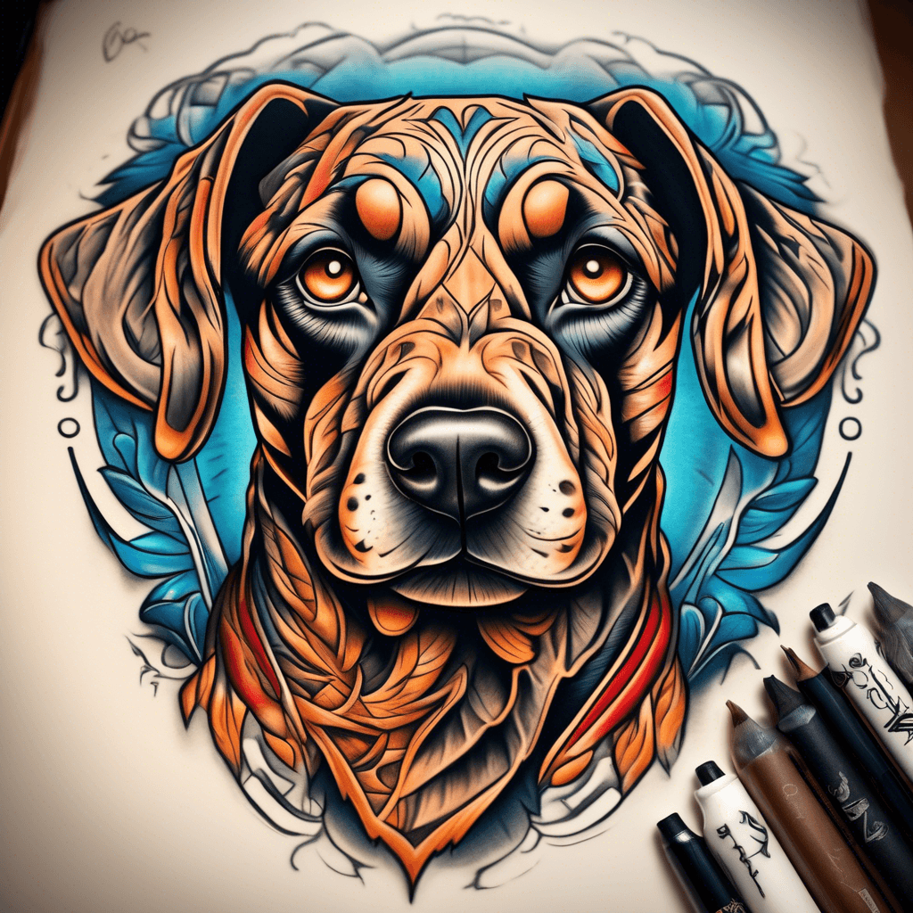 A portrait of a dog, capturing its soulful eyes and loyal expression, with a touch of traditional tattoo shading.