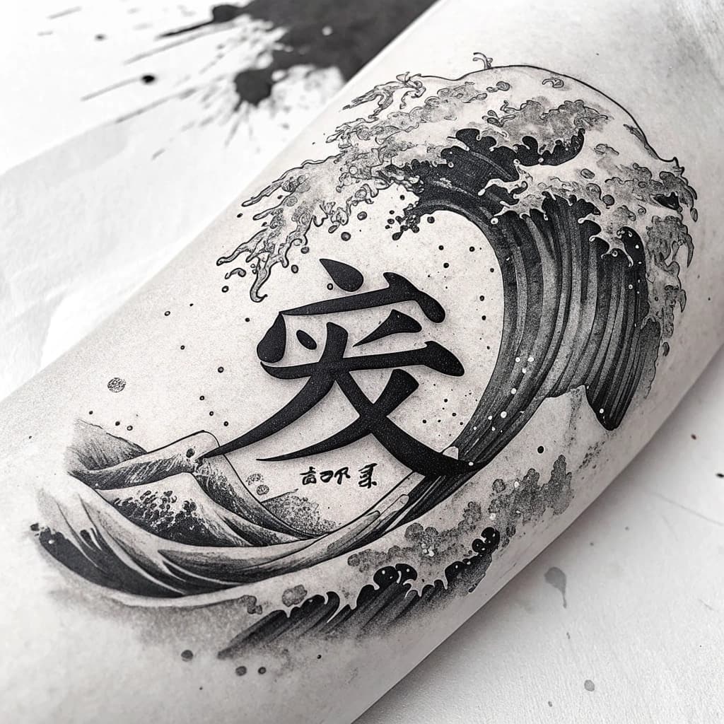 Inked brush strokes mimicking Japanese calligraphy.