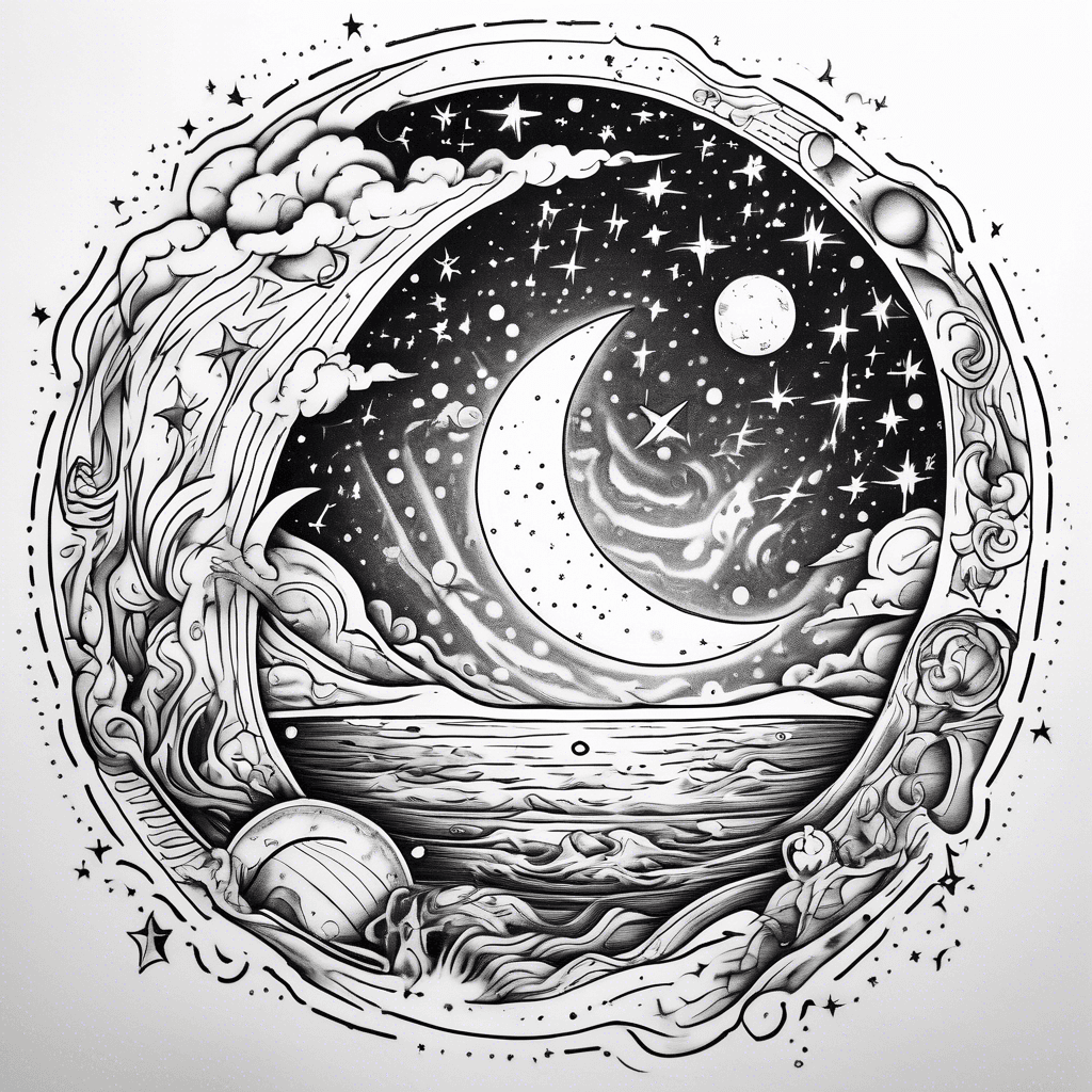 I’d like a night sky tattoo that includes the ocean, a first quarter moon, Virgo constellation, and a meteor shower.